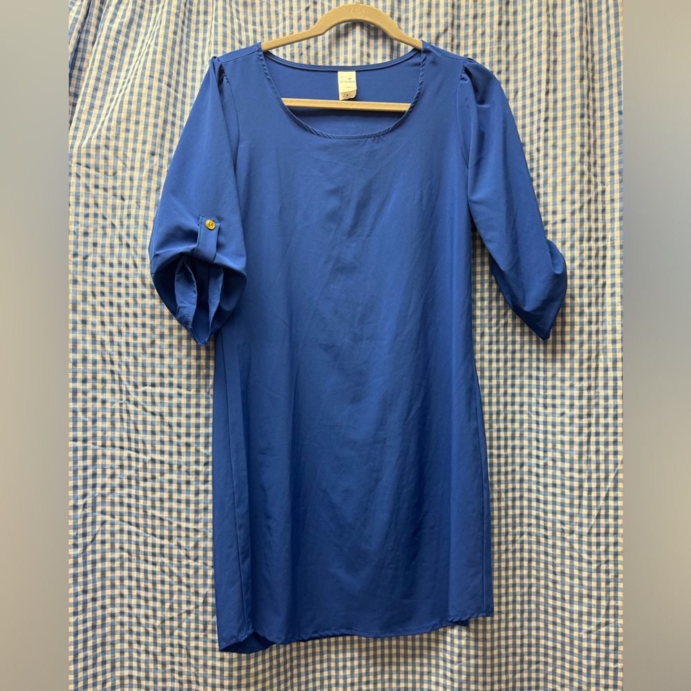 Never worn Royal blue silky dress with gold buttons